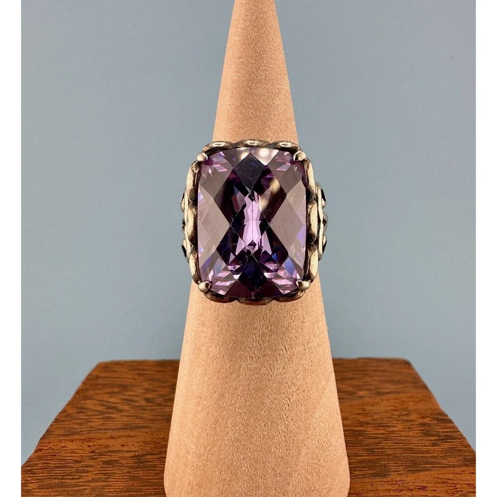 Vintage Sterling Silver Purple Stone Ring Simulated Spinel Large Faceted 6.5
